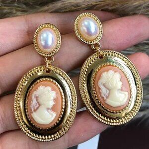 18K Gold Plated Cameo Drop Earrings | Pearl Accent  Vintage-Style Dangle Jewelry
